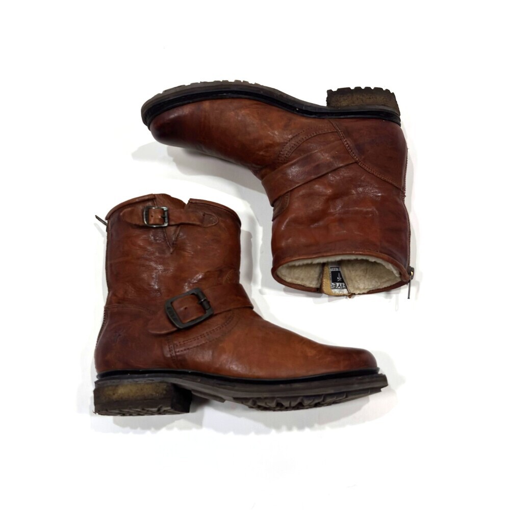 Frye Leather Brown Ankle Boots Shearling Lined Double Strap Zipper Moto - Size 7
